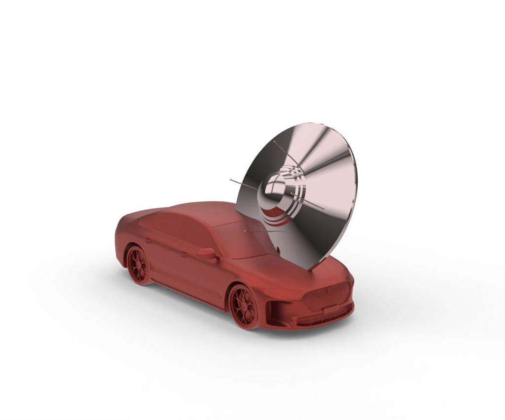 A 3D model of a red sedan equipped with a large, metallic satellite dish or radar antenna attached to its rear hood.