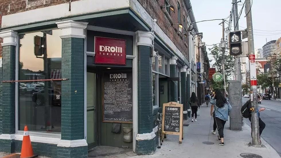 Drom Taberna exterior at Queen Street West and Augusta Avenue Global live music that runs well past midnight