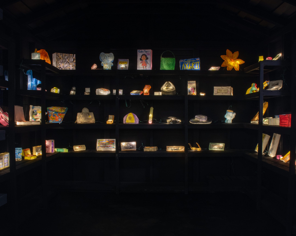 a nostalgic, retro glowing display filled with illuminated vintage collectibles, childhood memorabilia, and classic items